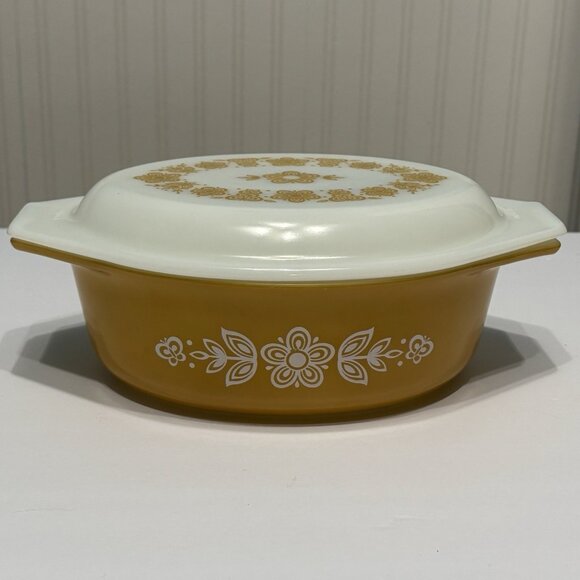 Vintage 70s Pyrex Butterfly Gold 1-1/2 Qt Oval Casserole Dish with lid 043/943 - Picture 2 of 15